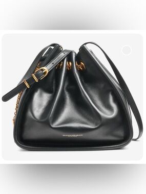 Donna Karan Plainview Chain Drawstring Leather Crossbody Black Gold